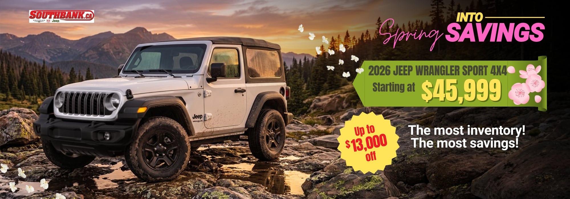 White Jeep Wrangler Sport 4x4 on rocky terrain, priced at $45,999. Spring savings up to $13,000 off.