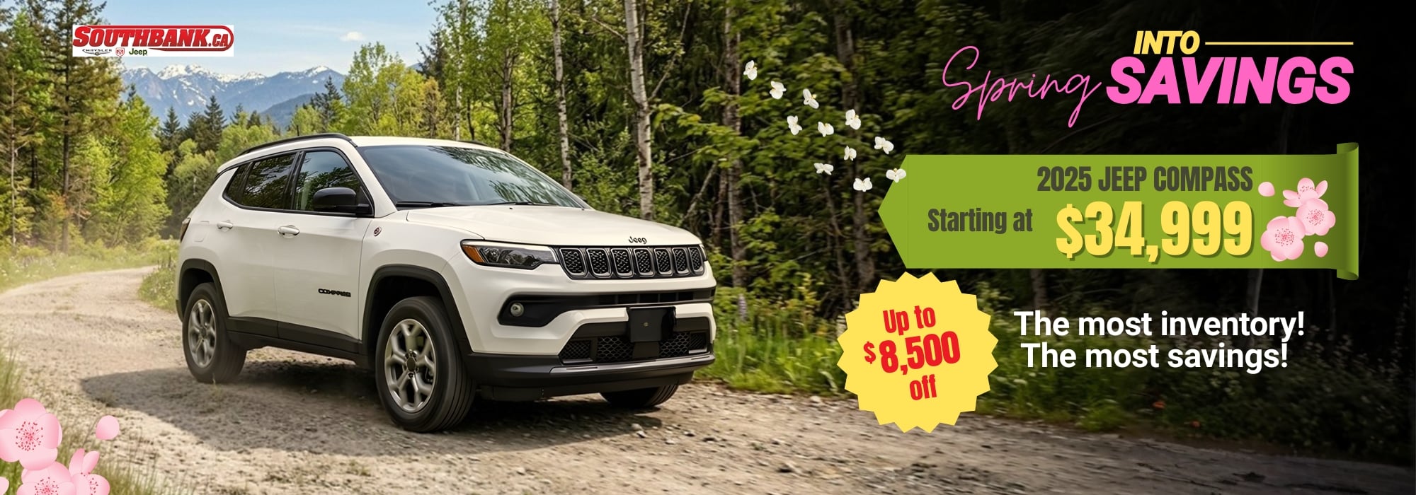 White 2025 Jeep Compass on forest road, starting at $34,999, $8,500 off, spring savings offer.
