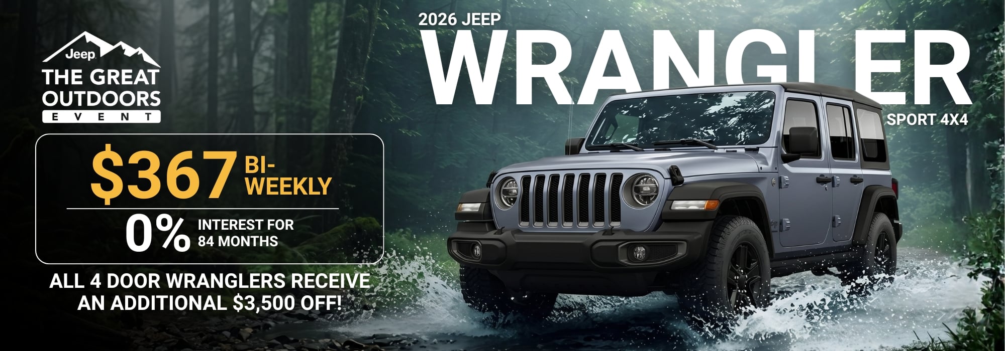 2026 Jeep Wrangler Sport 4x4 in nature. Starting at $45,999, $306 bi-weekly, 5.29% interest.