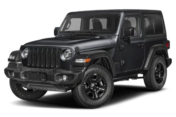 Black Jeep Wrangler SUV with rugged design, front grille, and off-road tires.