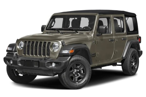 Jeep Wrangler vert olive avec toit noir, vue de côté, mettant en valeur son design robuste et son allure.