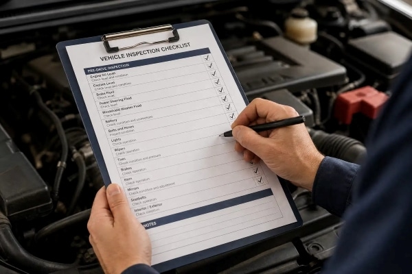 Un mécanicien remplit une liste de vérification d'inspection devant le capot ouvert d'une voiture.