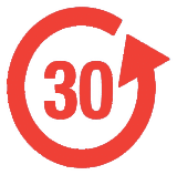 Red circular arrow with "30" inside, indicating a 30-day return or warranty policy.