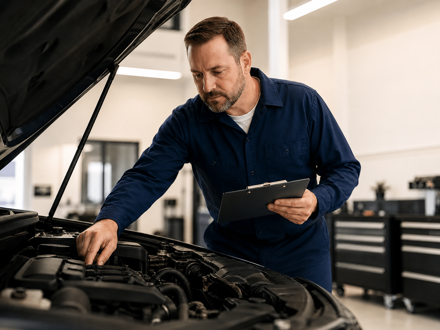 Mechanic inspecting car engine with clipboard at Henderson Automotive garage.